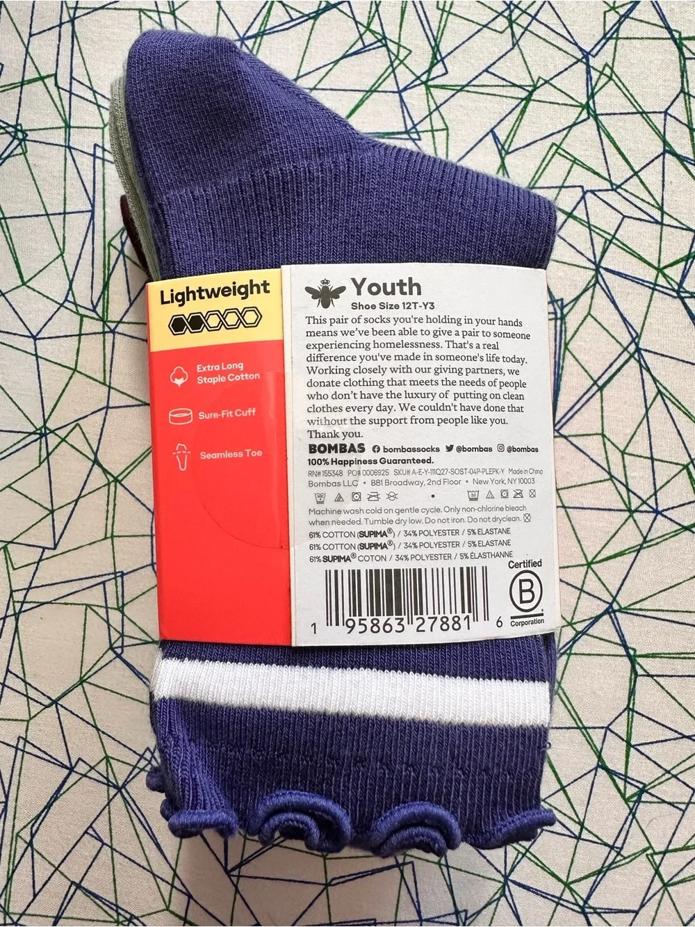 NWT Bombas Youth Lightweight Crew Socks 4-Pack Size 12T-Y3 New $36 MSRP School